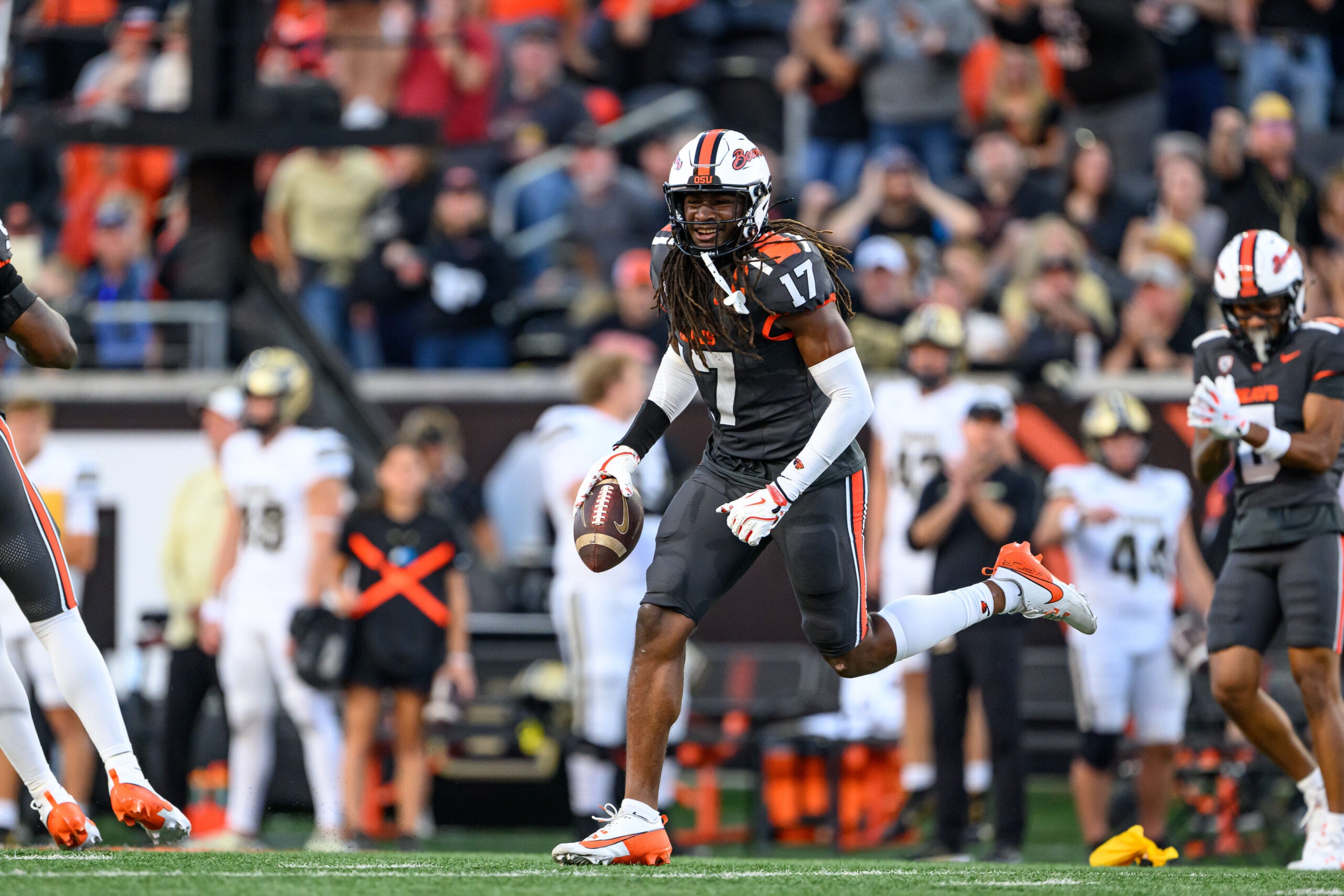 Sep 21, 2024; Corvallis, Oregon, USA; Oregon State Beavers defensive back Skyler Thomas (17) celebrates a defensive play during the first half against the Purdue Boilermakers at Reser Stadium.