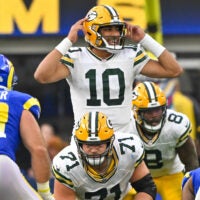 Oct 6, 2024; Inglewood, California, USA; Green Bay Packers quarterback Jordan Love (10) calls a play during the fourth quarter against the Los Angeles Rams at SoFi Stadium.
