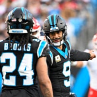 Nov 24, 2024; Charlotte, North Carolina, USA; Carolina Panthers quarterback Bryce Young (9) talks to running back Jonathon Brooks (24) in the fourth quarter at Bank of America Stadium.
