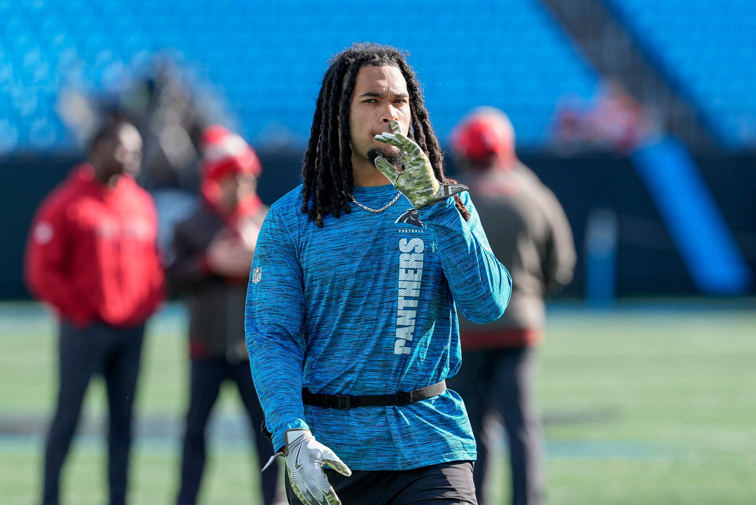 Dec 1, 2024; Charlotte, North Carolina, USA; Carolina Panthers running back Jonathon Brooks (24) during pregame warmups against the Tampa Bay Buccaneers at Bank of America Stadium.