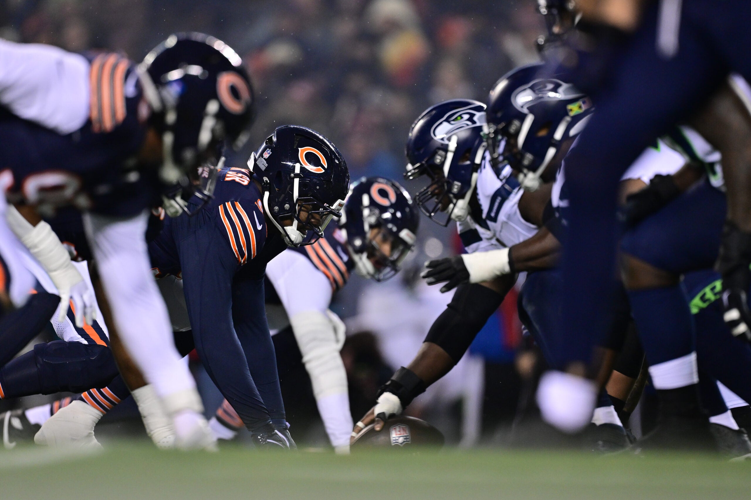 Dec 26, 2024; Chicago, Illinois, USA; The Chicago Bears and Seattle Seahawks line up during the first quarter at Soldier Field.