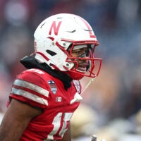 Dec 28, 2024; Bronx, NY, USA; Nebraska Cornhuskers defensive back Ceyair Wright (15) celebrates a defensive stop during the second half against the Boston College Eagles at Yankee Stadium.