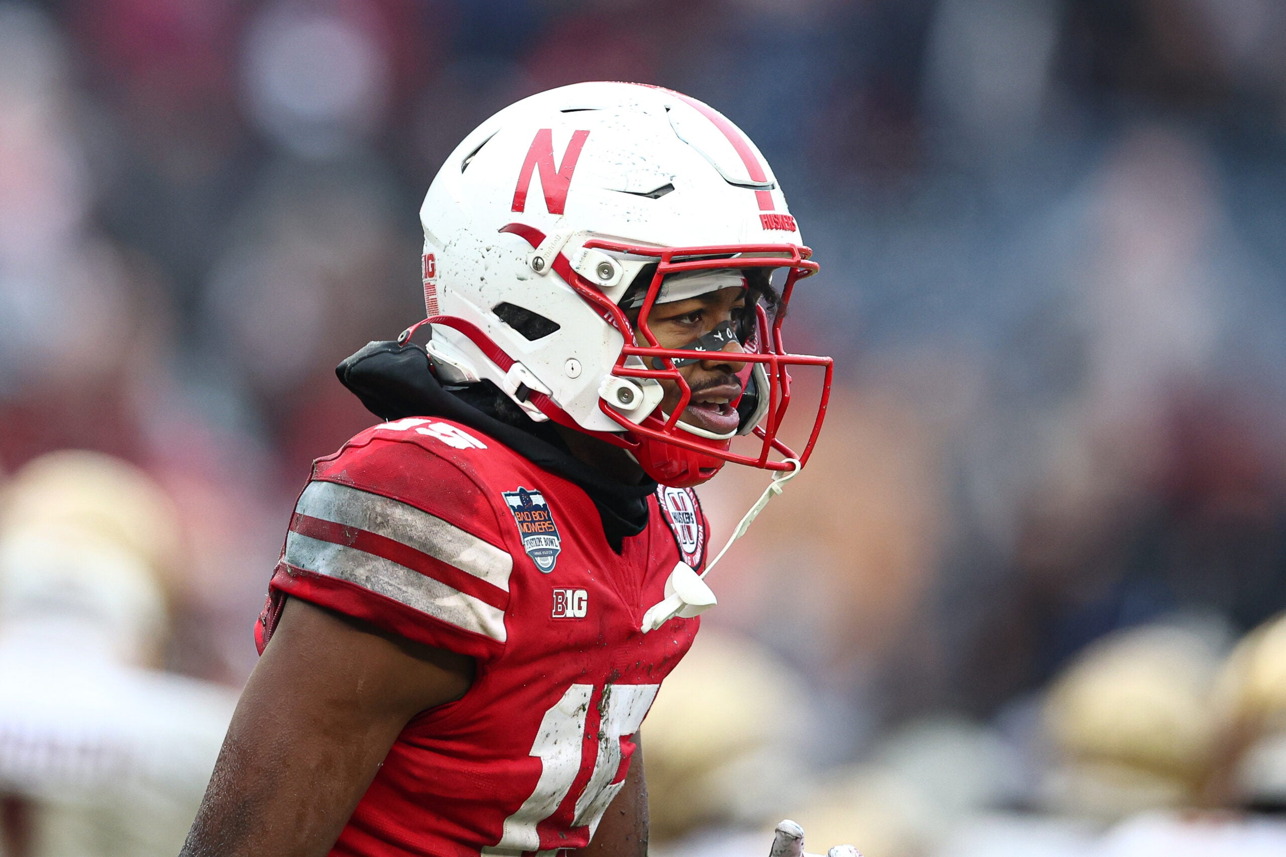 Dec 28, 2024; Bronx, NY, USA; Nebraska Cornhuskers defensive back Ceyair Wright (15) celebrates a defensive stop during the second half against the Boston College Eagles at Yankee Stadium.