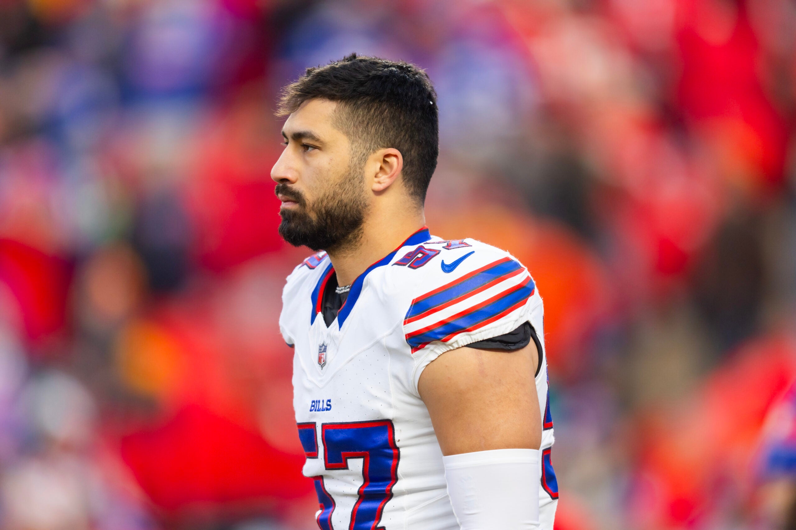 Jan 26, 2025; Kansas City, MO, USA; Buffalo Bills defensive end AJ Epenesa (57) against the Kansas City Chiefs during the AFC Championship game at GEHA Field at Arrowhead Stadium.