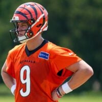 Cincinnati Bengals quarterback Joe Burrow (9) looks on between plays during a session of organized team activities on the Bengals practice field at Paycor Stadium in downtown Cincinnati on Tuesday, June 3, 2025.