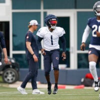 Jun 3, 2025; Lake Forest, IL, USA; Chicago Bears cornerback Jaylon Johnson (1) warms up during minicamp at Halas Hall.