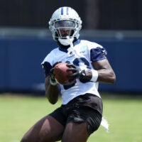 Jul 22, 2025; Oxnard, CA, USA; Dallas Cowboys receiver Parris Campbell (80) catches the ball during training camp at the River Ridge Fields.