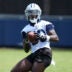 Jul 22, 2025; Oxnard, CA, USA; Dallas Cowboys receiver Parris Campbell (80) catches the ball during training camp at the River Ridge Fields.