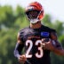 Jul 23, 2025; Cincinnati, OH, USA; Cincinnati Bengals cornerback Dax Hill (23) runs with the ball during training camp at Kettering Health Practice Field.