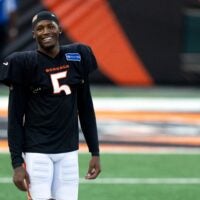 Cincinnati Bengals wide receiver Tee Higgins (5) smiles during Bengals Camp practice at Paycor Stadium in Cincinnati on Aug. 2, 2025.