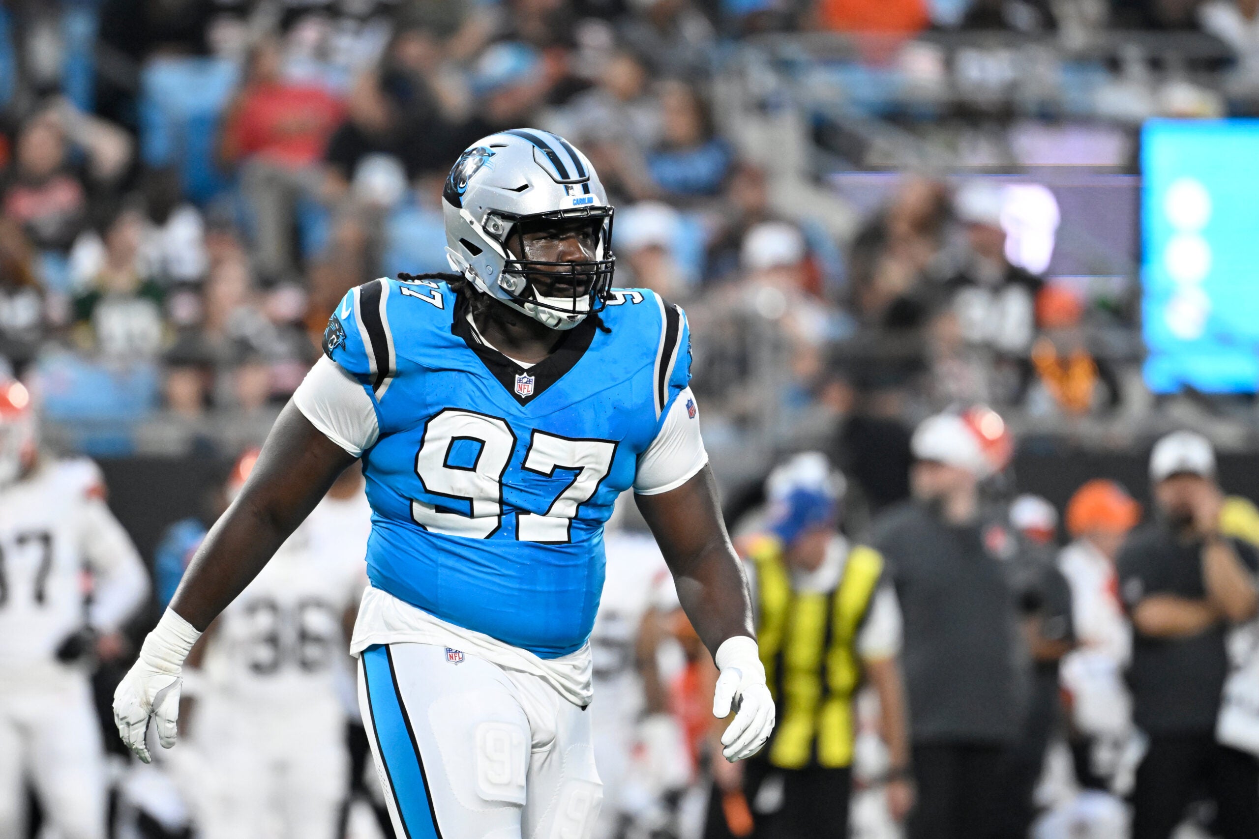 Aug 8, 2025; Charlotte, North Carolina, USA; Carolina Panthers defensive tackle Bobby Brown III (97) on the field in the second quarter at Bank of America Stadium.