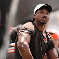 Aug 16, 2025; Philadelphia, Pennsylvania, USA; Cleveland Browns defensive lineman Myles Garrett (95) looks on against the Philadelphia Eagles in the first half at Lincoln Financial Field.