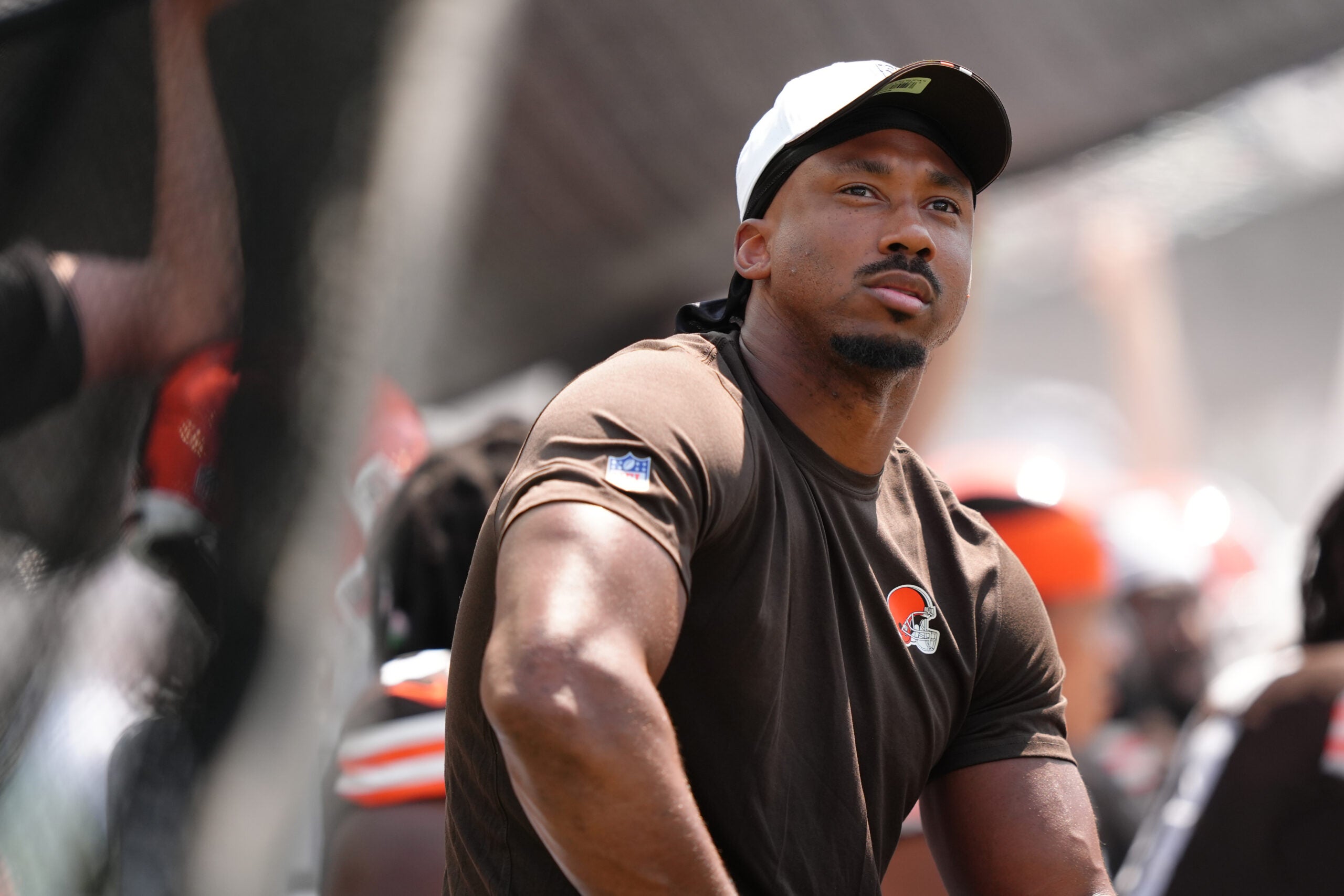 Aug 16, 2025; Philadelphia, Pennsylvania, USA; Cleveland Browns defensive lineman Myles Garrett (95) looks on against the Philadelphia Eagles in the first half at Lincoln Financial Field.