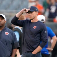 Aug 17, 2025; Chicago, Illinois, USA; Chicago Bears head coach Ben Johnson on the field before a game against the Buffalo Bills at Soldier Field.