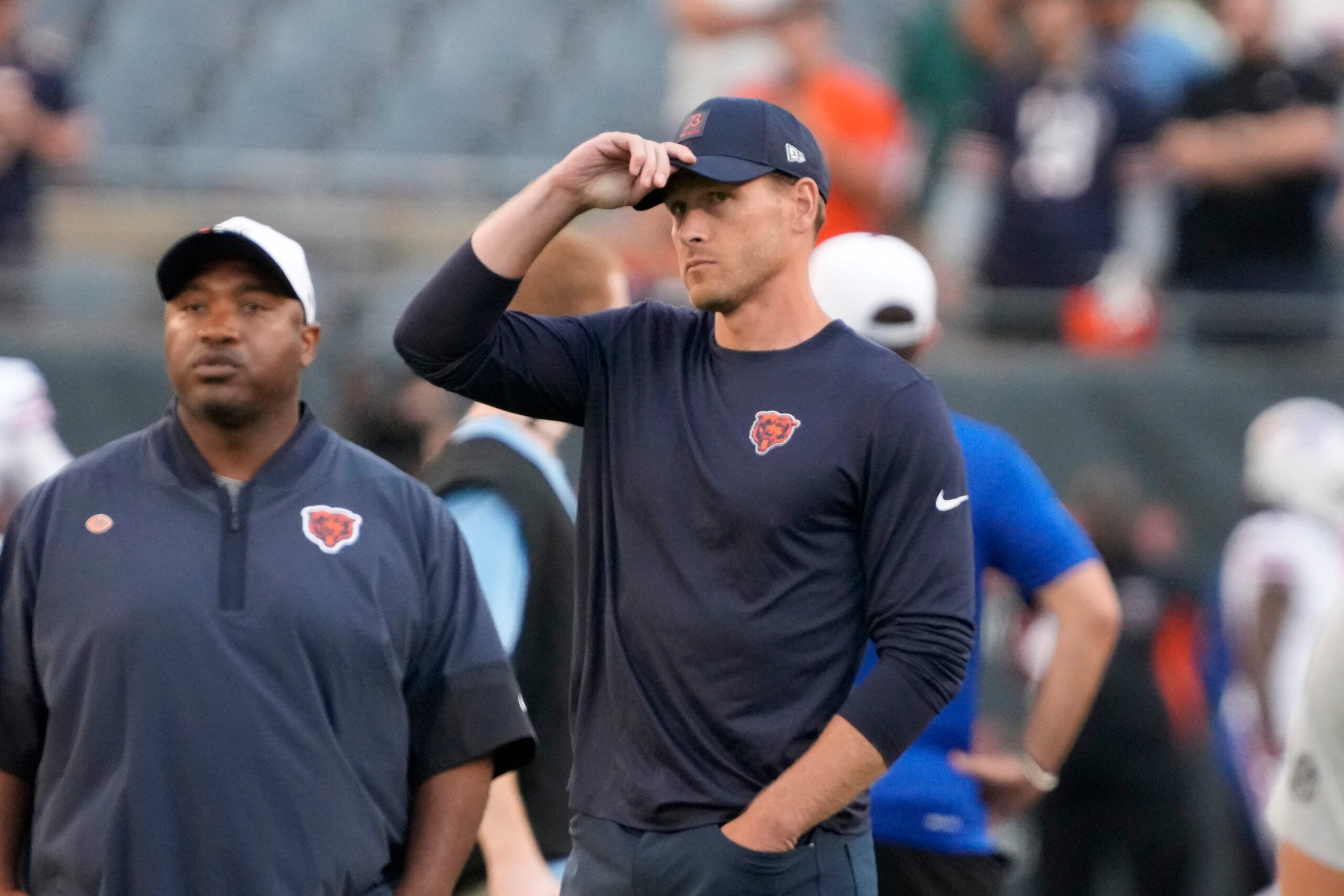 Aug 17, 2025; Chicago, Illinois, USA; Chicago Bears head coach Ben Johnson on the field before a game against the Buffalo Bills at Soldier Field.