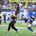 Aug 23, 2025; Detroit, Michigan, USA; Houston Texans tight end Luke Lachey (42) gets tackled by Detroit Lions safety Loren Strickland (24) in third quarter at Ford Field.