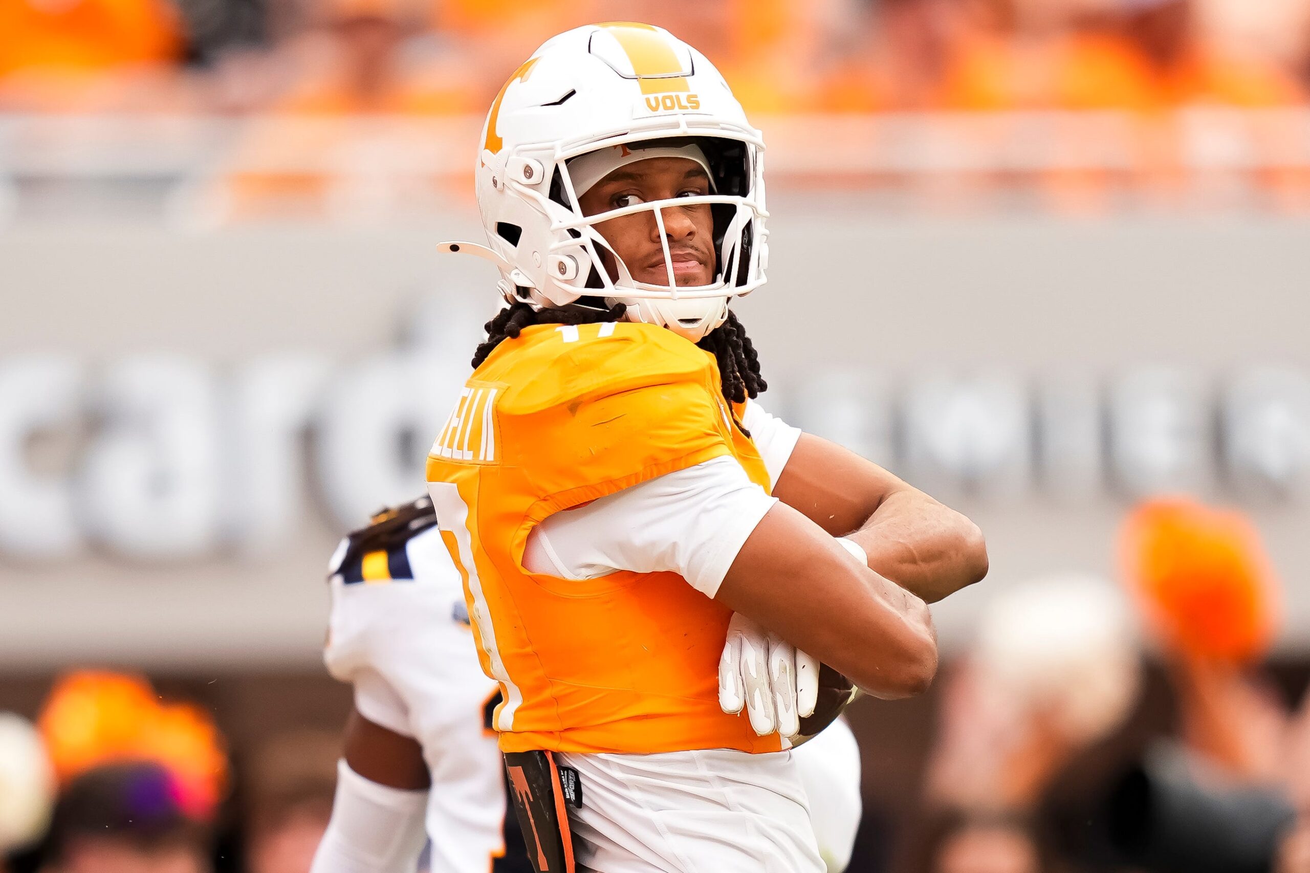 Tennessee wide receiver Chris Brazzell II (17) poses after a catch during Tennessee's home opener against ETSU at Neyland Stadium in Knoxville, Tenn., on Sept. 6, 2025.