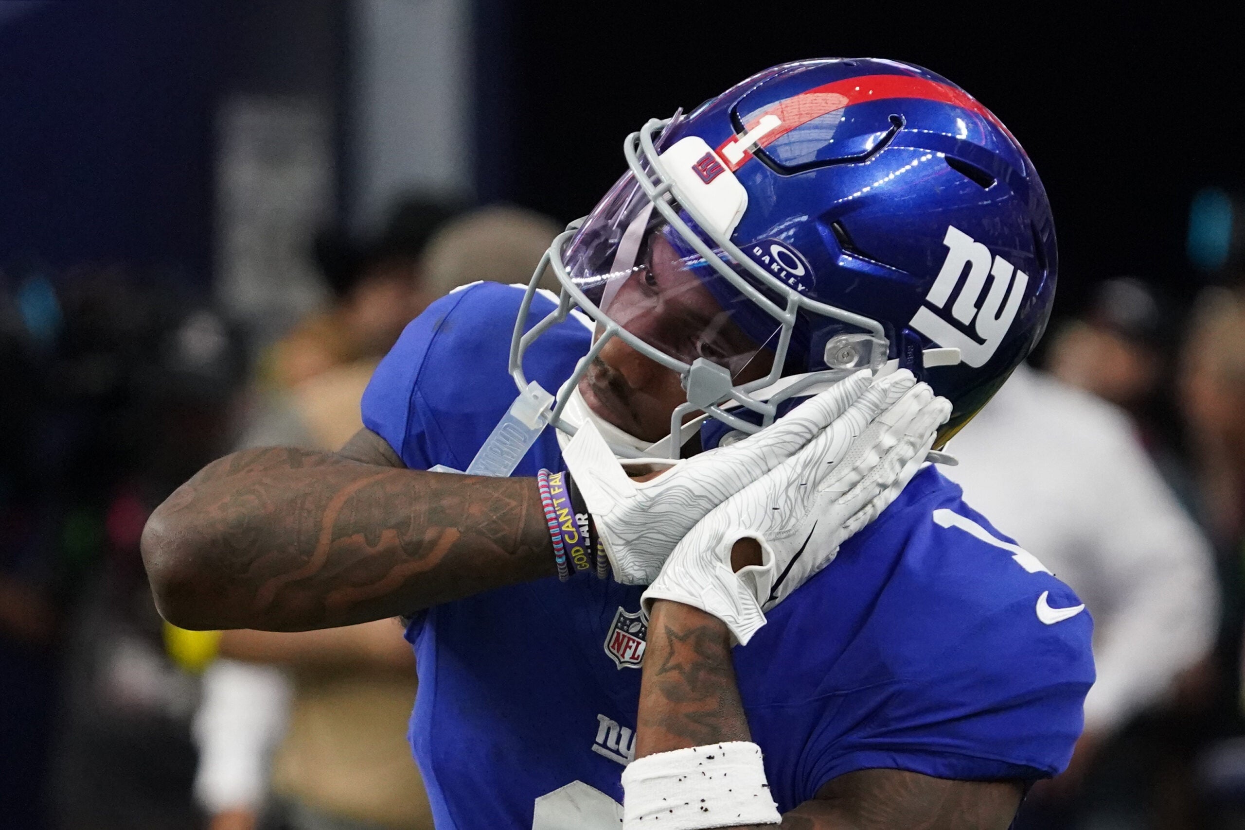 Sep 14, 2025; Arlington, Texas, USA; New York Giants wide receiver Malik Nabers (1) reacts after scoring a touchdown during the fourth quarter at AT&T Stadium.