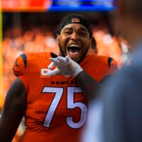 Sep 14, 2025; Cincinnati, Ohio, USA; Cincinnati Bengals offensive tackle Orlando Brown Jr. (75) walks off the field after the victory over the Jacksonville Jaguars at Paycor Stadium.
