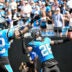 Sep 21, 2025; Charlotte, North Carolina, USA; Carolina Panthers cornerback Chau Smith-Wade (26) celebrates with safety Lathan Ransom (22) after intercepting the ball and scoring a touchdown in the third quarter at Bank of America Stadium.