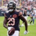 Sep 21, 2025; Chicago, Illinois, USA; Chicago Bears cornerback Tyrique Stevenson (29) reacts after a turnover against the Dallas Cowboys during the first half at Soldier Field.