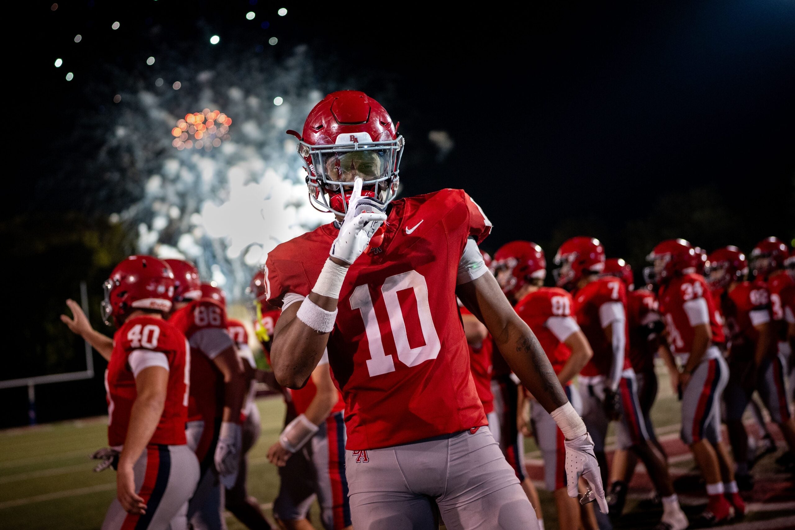 Brentwood Academy's Kenneth Simon (10) celebrates after defeating Ensworth at Brentwood Academy in Brentwood, Tenn., Friday, Sept. 26, 2025.