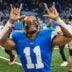 Detroit Lions wide receiver Kalif Raymond (11) runs off the field after 34-10 win over Cleveland Browns at Ford Field in Detroit on Sunday, Sept. 28, 2025.