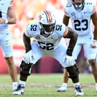 Sep 27, 2025; College Station, Texas, USA; Auburn Tigers offensive lineman Dillon Wade (52) lines up against the Texas A&M Aggies during the second half at Kyle Field.