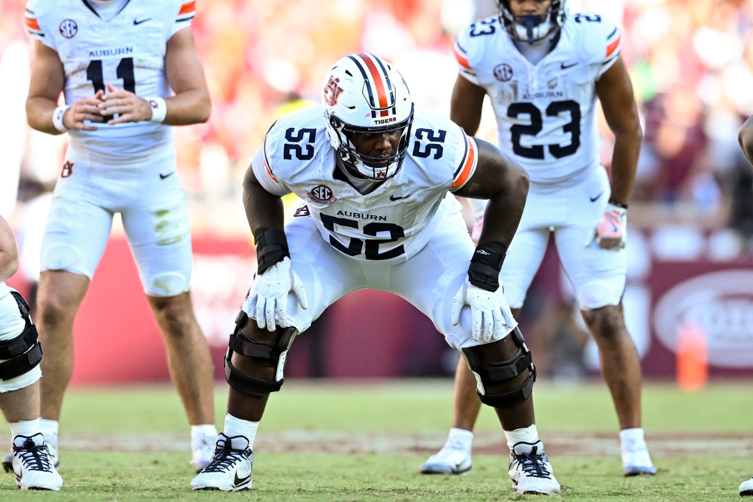Sep 27, 2025; College Station, Texas, USA; Auburn Tigers offensive lineman Dillon Wade (52) lines up against the Texas A&M Aggies during the second half at Kyle Field.