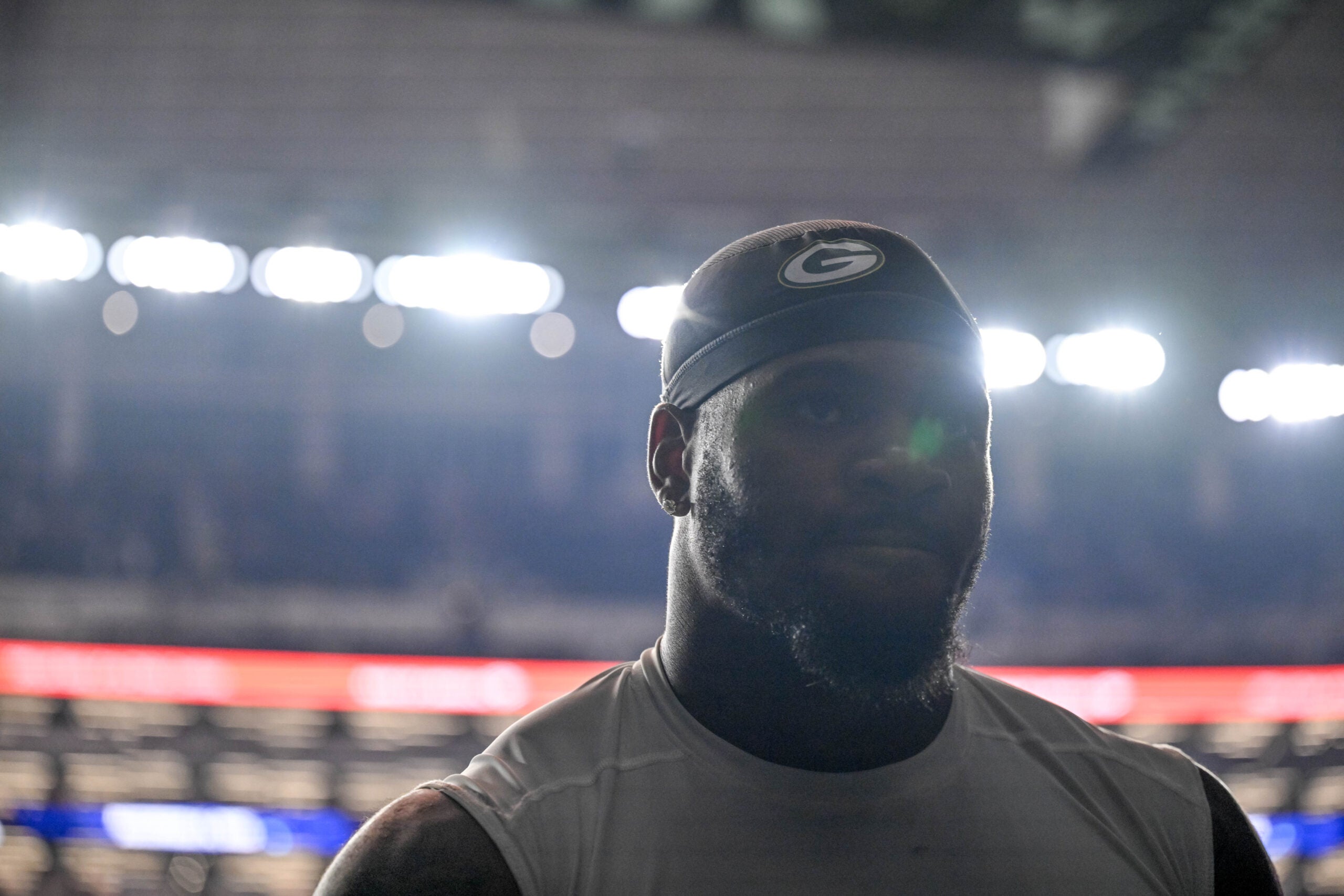 Sep 28, 2025; Arlington, Texas, USA; Green Bay Packers defensive end Micah Parsons (1) walks off the field after the game between the Dallas Cowboys and the Green Bay Packers at AT&T Stadium.