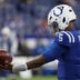 Oct 5, 2025; Indianapolis, Indiana, USA; Indianapolis Colts quarterback Anthony Richardson (5) holds a football during warmups before the game between the Las Vegas Raiders and the Indianapolis Colts at Lucas Oil Stadium.