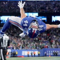 Oct 9, 2025; East Rutherford, New Jersey, USA; New York Giants running back Cam Skattebo (44) celebrates his touchdown against the Philadelphia Eagles during the fourth quarter at MetLife Stadium.