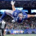 Oct 9, 2025; East Rutherford, New Jersey, USA; New York Giants running back Cam Skattebo (44) celebrates his touchdown against the Philadelphia Eagles during the fourth quarter at MetLife Stadium.