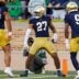 Notre Dame linebacker Kyngstonn Viliamu-Asa (27) celebrates after intercepting a pass in the second half of a NCAA football game against NC State at Notre Dame Stadium on Saturday, Oct. 11, 2025, in South Bend.