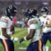 Oct 13, 2025; Landover, Maryland, USA; Chicago Bears running back D'Andre Swift (4) celebrates scoring a touchdown with Luther Burden III (10) during the fourth quarter against the Washington Commanders at Northwest Stadium.