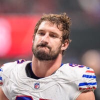 Oct 13, 2025; Atlanta, Georgia, USA; Buffalo Bills defensive end Joey Bosa (97) on the field against the Atlanta Falcons at Mercedes-Benz Stadium.