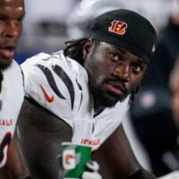 Cincinnati Bengals defensive end Shemar Stewart (97) sits between drives in the first quarter of the NFL Week 7 game between the Cincinnati Bengals and the Pittsburgh Steelers at Paycor Stadium in downtown Cincinnati on Thursday, Oct. 16, 2025.