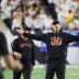 Oct 16, 2025; Cincinnati, Ohio, USA; Cincinnati Bengals head coach Zac Taylor looks at the video scoreboard and reacts against the Pittsburgh Steelers during the fourth quarter at Paycor Stadium.