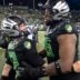 Oregon offensive lineman Isaiah World, right, congratulates Oregon quarterback Brock Thomas as the Oregon Ducks host the Wisconsin Badgers on Oct. 25, 2025, at Autzen Stadium in Eugene, Oregon.