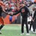 Oct 26, 2025; Cincinnati, Ohio, USA; Cincinnati Bengals wide receiver Ja'Marr Chase (1) shakes hands with head coach Zac Taylor during the fourth quarter against the New York Jets at Paycor Stadium.