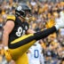 Nov 2, 2025; Pittsburgh, Pennsylvania, USA; Pittsburgh Steelers tight end Pat Freiermuth (88) scores a touchdown during the first half against the Indianapolis Colts at Acrisure Stadium.