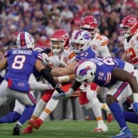 Buffalo Bills defensive end Joey Bosa sacks Kansas City Chiefs quarterback Patrick Mahomes with linebacker Terrel Bernard coming in to help during first half action against the Kansas City Chiefs at Highmark Stadium in Orchard Park on Nov. 2, 2025.