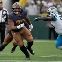 Green Bay Packers guard Jordan Morgan (77) is shown during the first quarter of their game against the Carolina Panthers Sunday, November 2, 2025 at Lambeau Field in Green Bay, Wisconsin.