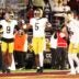 Nov 1, 2025; Chestnut Hill, Massachusetts, USA; Notre Dame safety Tae Johnson (9) and Notre Dame Fighting Irish defensive lineman Boubacar Traore (5) celebrate an interception in the fourth quarter against the Boston College Eagles at Alumni Stadium.