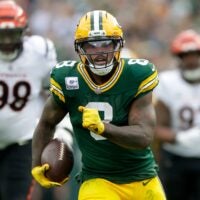 Green Bay Packers running back Josh Jacobs (8) against the Cincinnati Bengals on Sunday, October 12, 2025, at Lambeau Field in Green Bay, Wis.