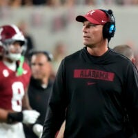 Nov 8, 2025; Tuscaloosa, Alabama, USA; Alabama head coach Kalen DeBoer walks the sidelines in his black hoodie during the game with LSU at Saban Field at Bryant-Denny Stadium.