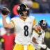 Nov 9, 2025; Inglewood, California, USA; Pittsburgh Steelers quarterback Aaron Rodgers (8) passes the ball against the Los Angeles Chargers during the second quarter of the game at SoFi Stadium.