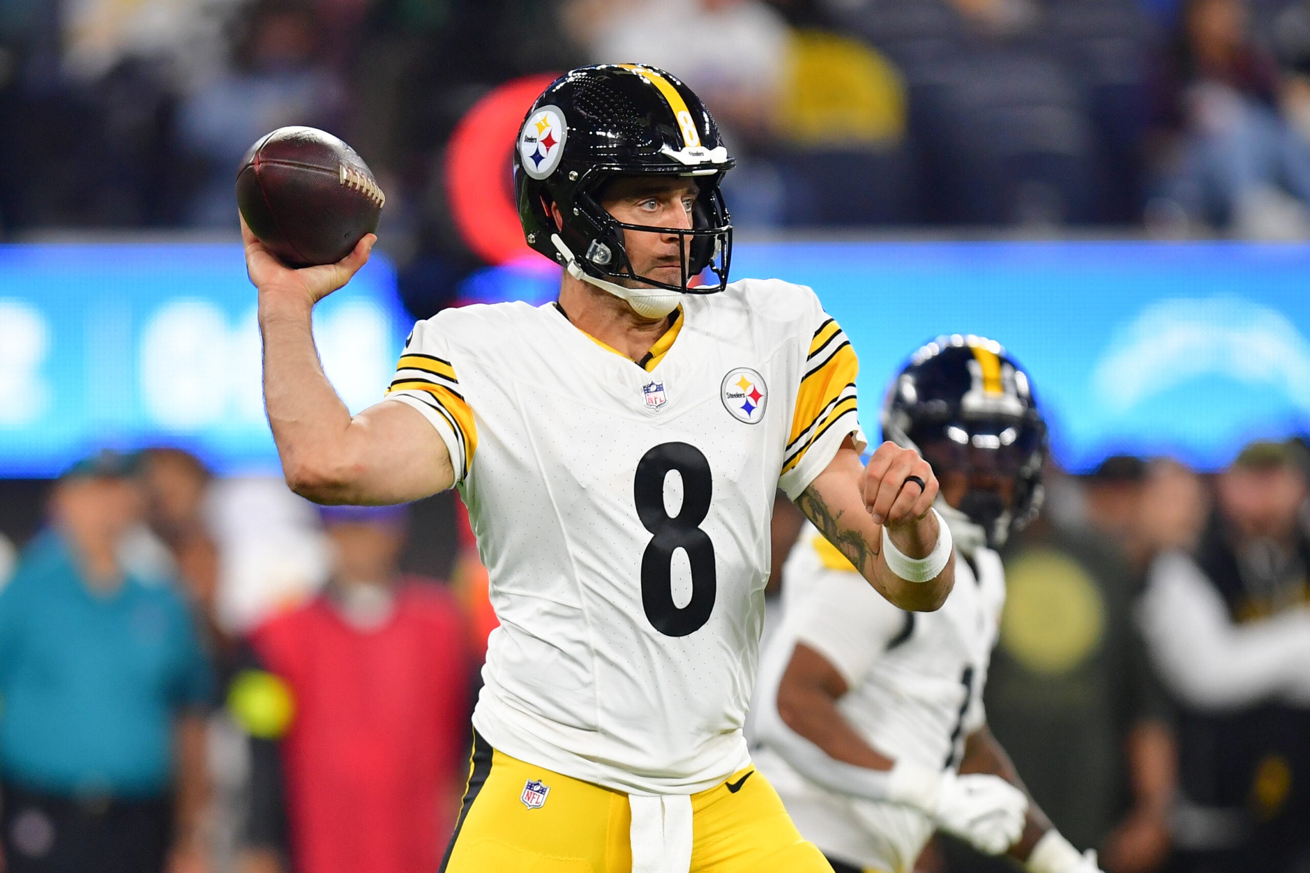 Nov 9, 2025; Inglewood, California, USA; Pittsburgh Steelers quarterback Aaron Rodgers (8) passes the ball against the Los Angeles Chargers during the second quarter of the game at SoFi Stadium.