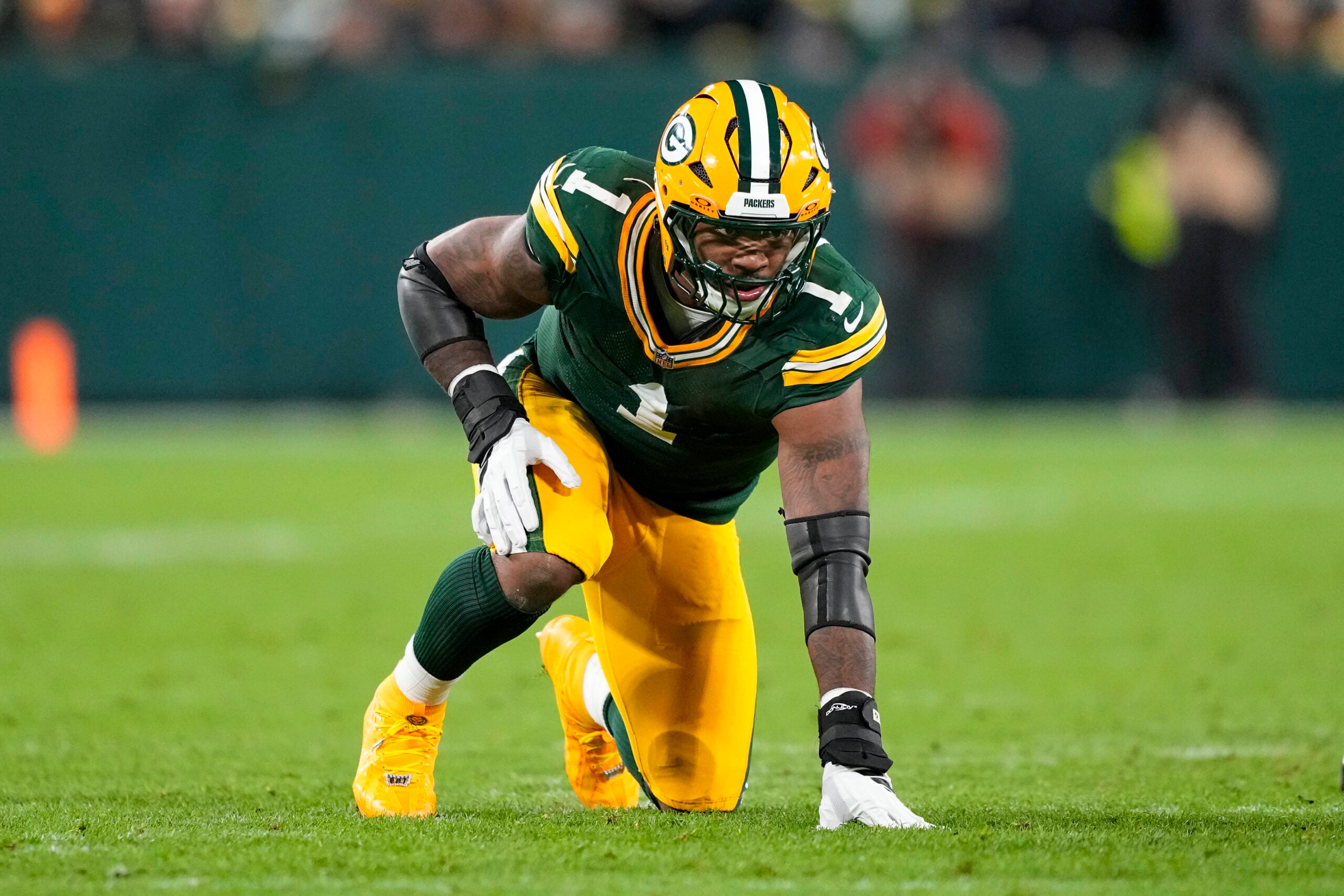 Nov 10, 2025; Green Bay, Wisconsin, USA; Green Bay Packers defensive end Micah Parsons (1) during the game against the Philadelphia Eagles at Lambeau Field.