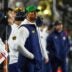 Nov 8, 2025; South Bend, Indiana, USA; Notre Dame Fighting Irish head coach Marcus Freeman looks to the scoreboard against the Navy Midshipmen during the first half at Notre Dame Stadium.